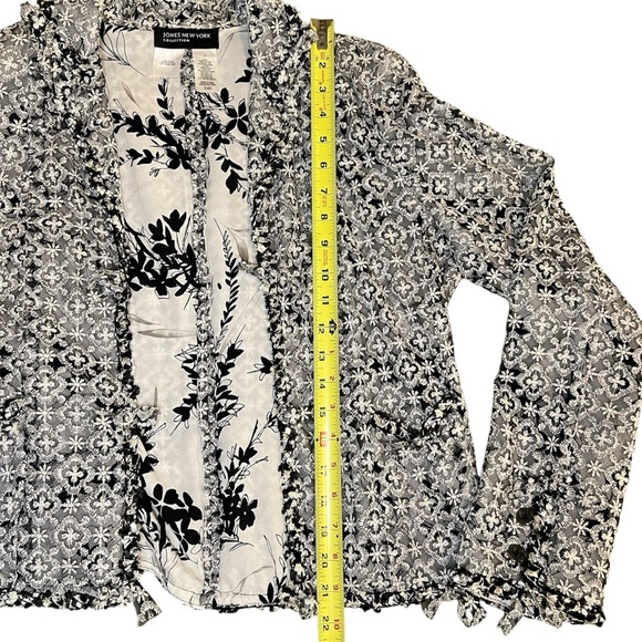 100% Silk Lined Jones New York Jacket w/ Black + White Lace, Japanese Watercolor - Picture 6 of 8